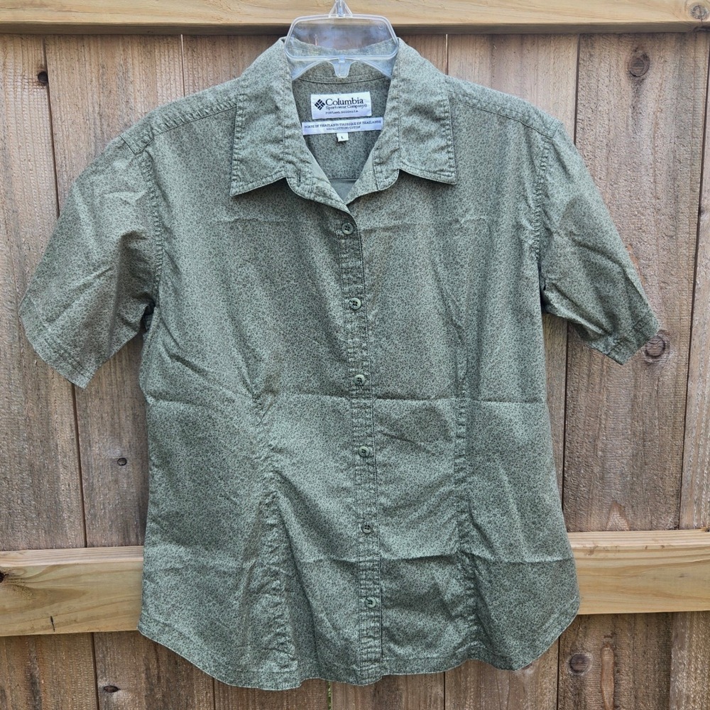 Columbia Womens Lrg Shirt Short Sleeve 100%cotton Green/flower Button closure